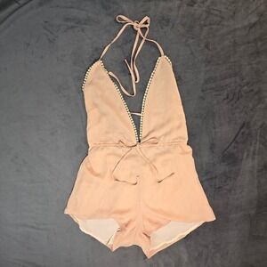 Lookbook Store Peach Crochet Trim Deep V Halter Open Back Romper Womens Size 4